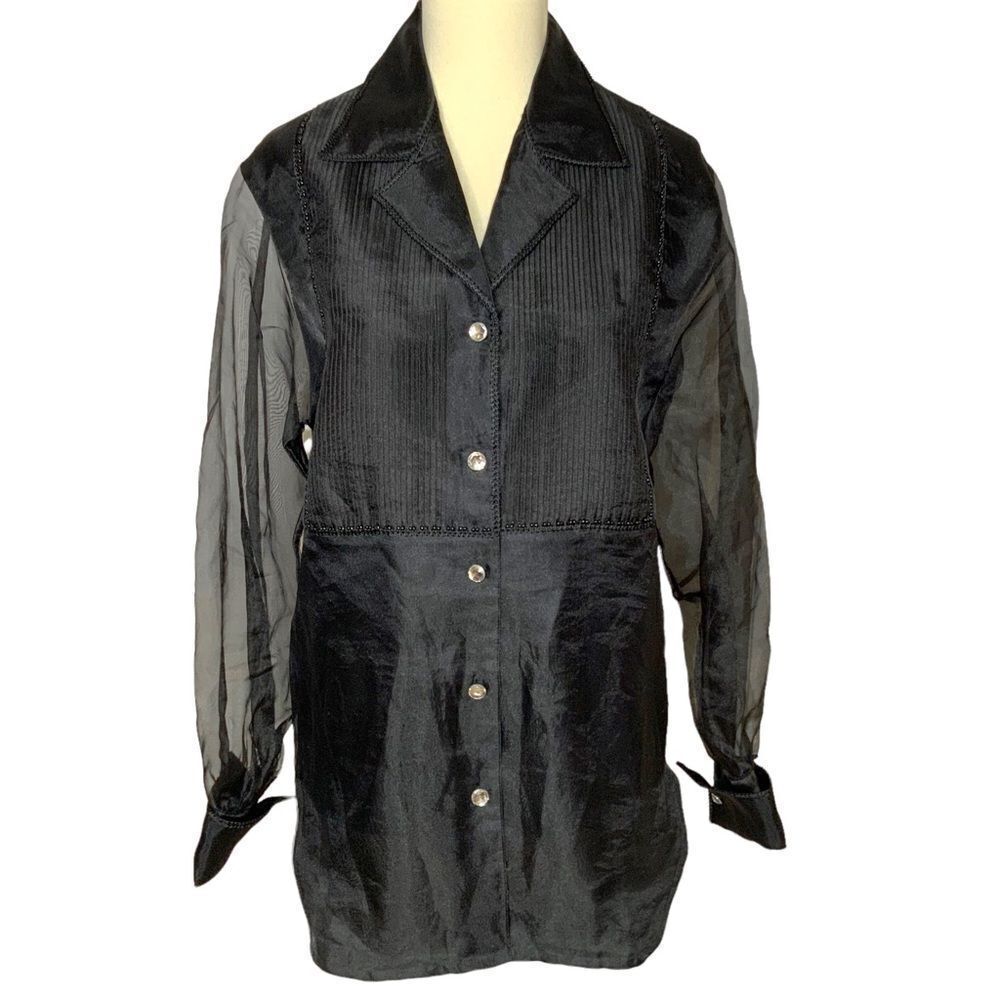 VINTAGE ISHYU black button front blouse size S